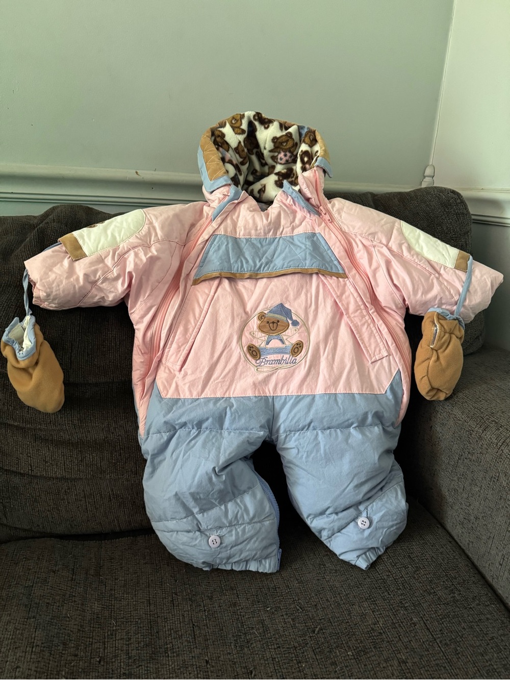 Brambilla baby girl snowsuit vintage blue and pink with mittens